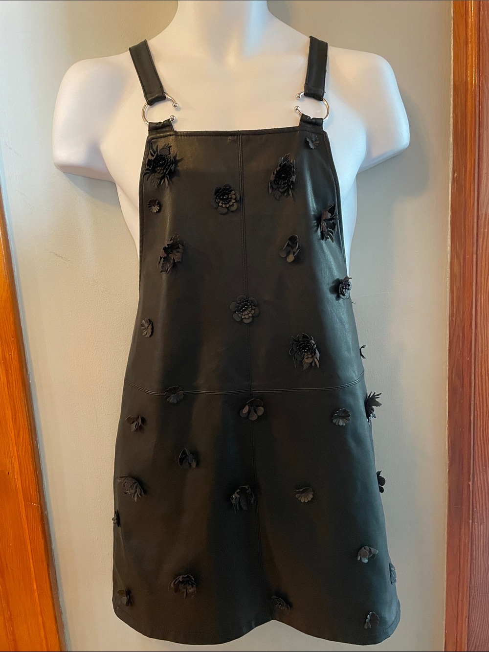 MANGO Black 3D Floral Appliqué Faux-Leather Urban Goth Sleek Overall Mini Dress